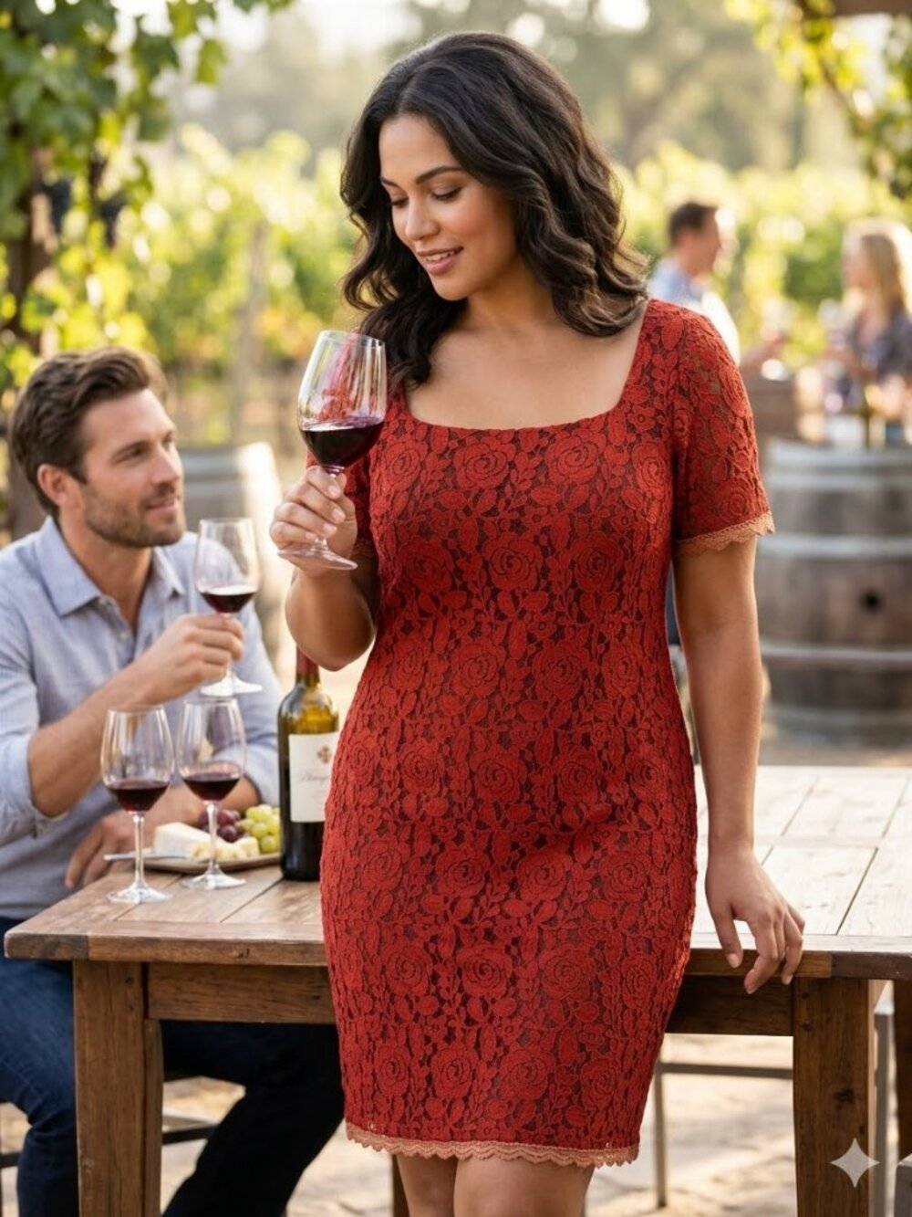 Sundance Red Floral Lace Brown Silk Lining Short Sleeve Overlay Shift Dress 3672
